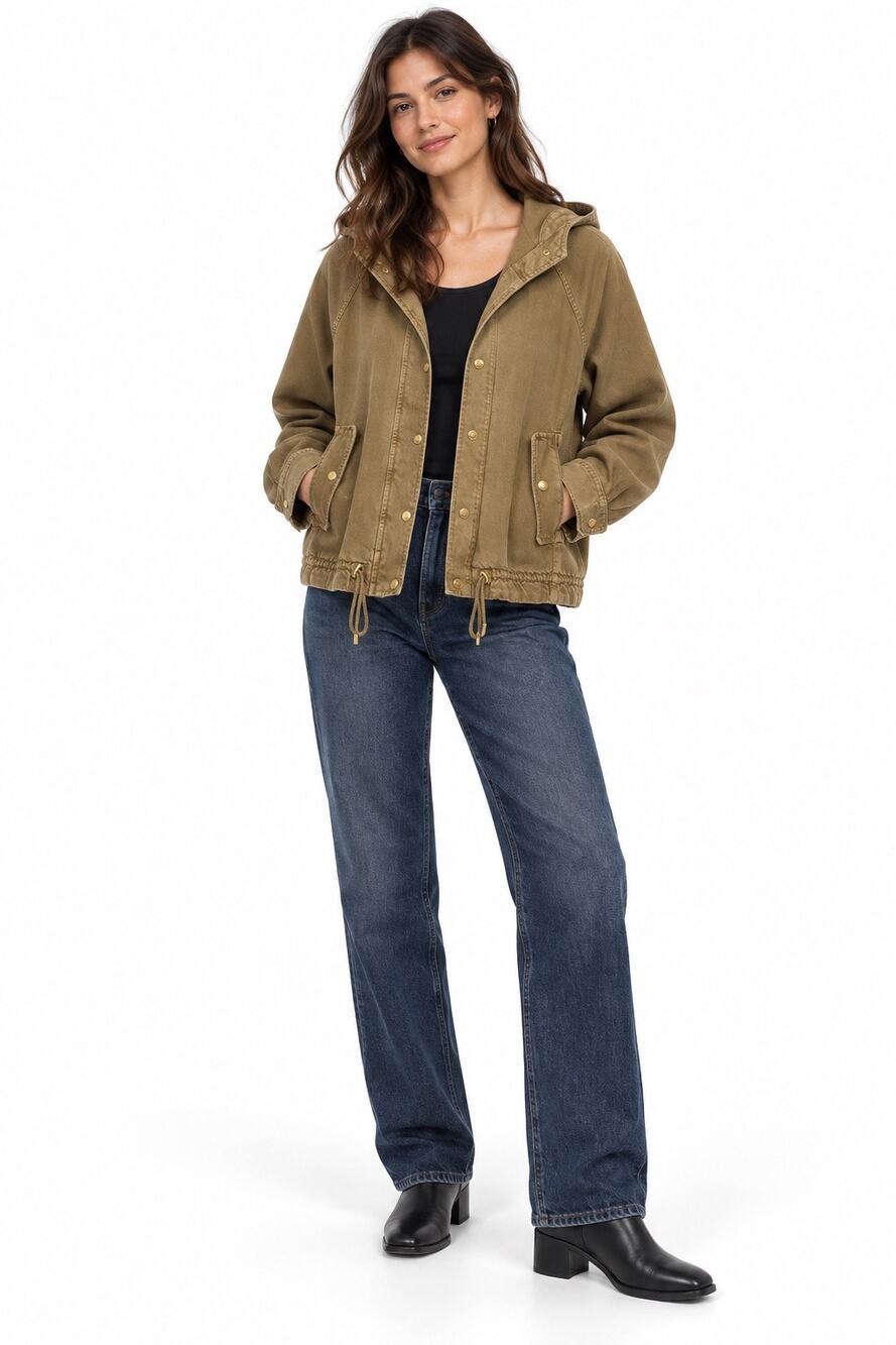 Zara Khaki Olive Hooded Utility Jacket Drawstring Hem